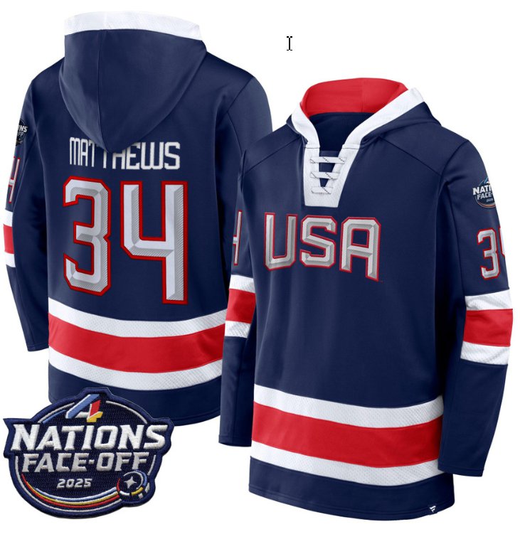 Men's Auston Matthews Hoodie #34 USA 4 Nations Face-Off 2025 Pullover Stitched