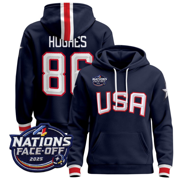 Men's Jack Hughes Hoodie #86 USA 4 Nations Face-Off 2025 Pullover Stitched Navy