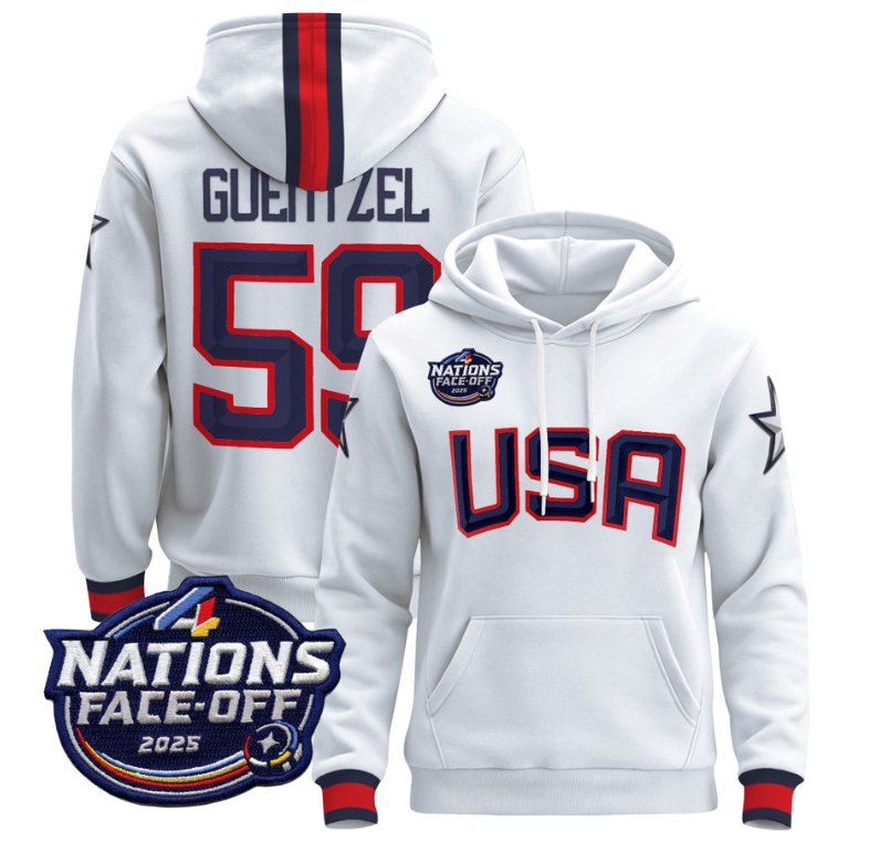 Men's Jake Guentzel Hoodie #59 USA 4 Nations Face-Off 2025 Pullover Stitched White