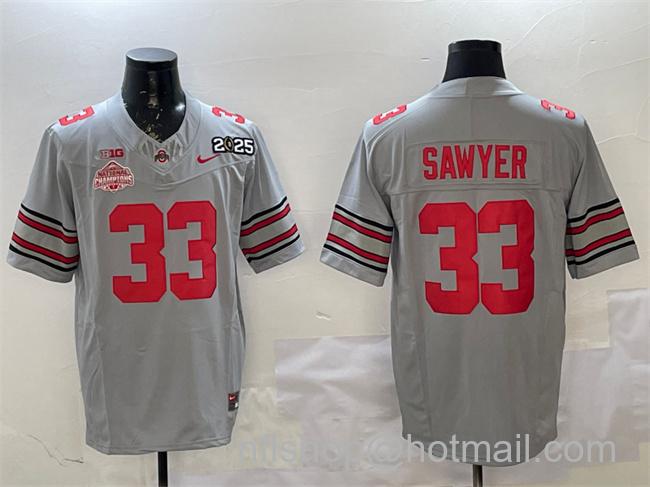 Men's Ohio State Buckeyes #33 Jack Sawyer Grey 2025 CFP Final With National Champions Patch F.U.S.E. Vapor Limited Stitched Football Jersey