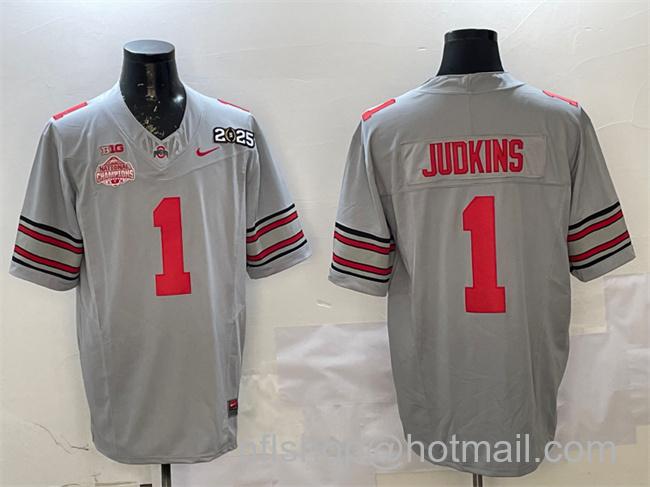 Men's Ohio State Buckeyes #1 Quinshon Judkins Grey 2025 CFP Final With National Champions Patch F.U.S.E. Vapor Limited Stitched Football Jersey