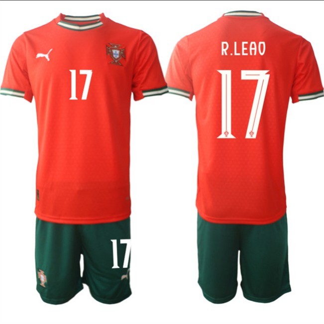 Men's Portugal Team #17 Rafael Leão 2025 Red Home Soccer Jersey Suit