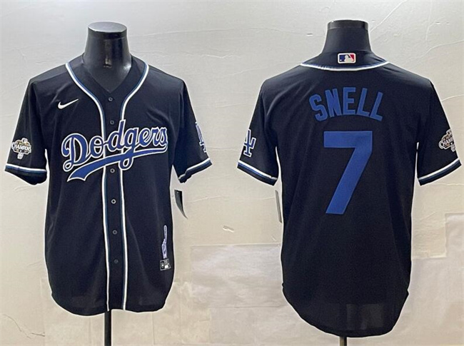 Men's Los Angeles Dodgers #7 Blake Snell Black 2024 World Series Champions Cool Base Stitched Baseball Jerseys
