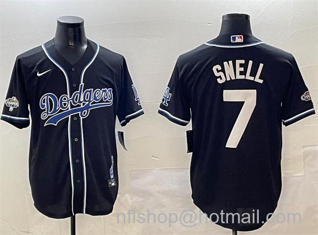 Men's Los Angeles Dodgers #7 Blake Snell Black 2024 World Series Champions Cool Base Stitched Baseball Jersey