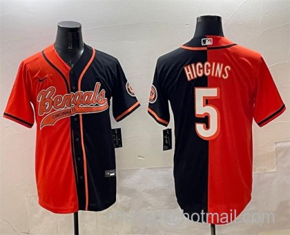 Men's Cincinnati Bengals #5 Tee Higgins Orange Black Split With Patch Cool Base Stitched Baseball Jersey