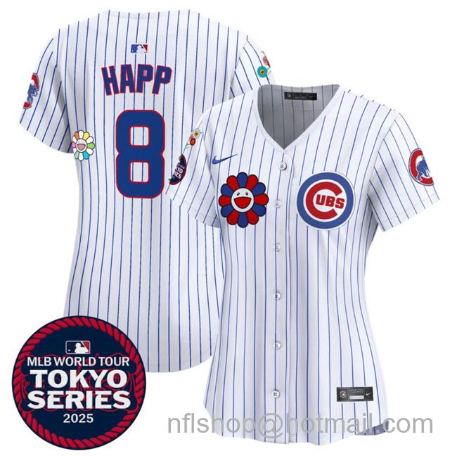 Women's Chicago Cubs #8 Ian Happ White 2025 Tokyo Series Limited Stitched Baseball Jersey