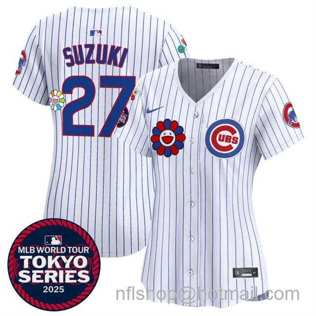 Women's Chicago Cubs #27 Seiya Suzuki White 2025 Tokyo Series Limited Stitched Baseball Jersey