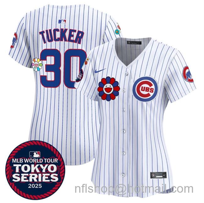 Women's Chicago Cubs #30 Kyle Tucker White 2025 Tokyo Series Limited Stitched Baseball Jersey