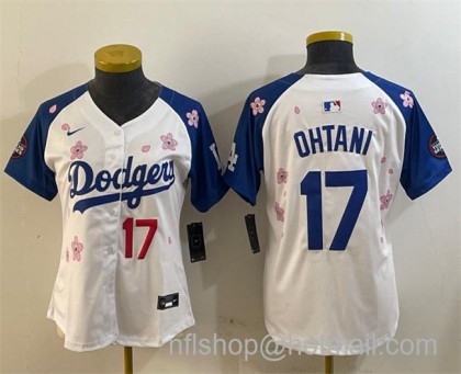 Women's Los Angeles Dodgers #17 Shohei Ohtani White Royal 2025 Tokyo Series Limited Stitched Baseball Jersey