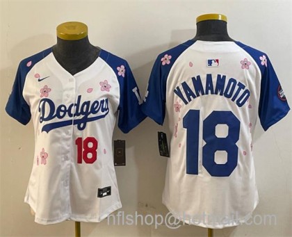 Women's Los Angeles Dodgers #18 Yoshinobu Yamamoto White Royal 2025 Tokyo Series Limited Stitched Baseball Jersey