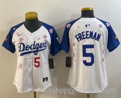 Women's Los Angeles Dodgers #5 Freddie Freeman White Royal 2025 Tokyo Series Limited Stitched Baseball Jersey