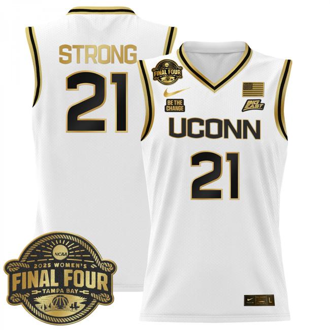 Women's Nike Sarah Strong Jersey #21 UConn Huskies 2025 NCAA Women's Basketball Big East Final Four Patch White Gold