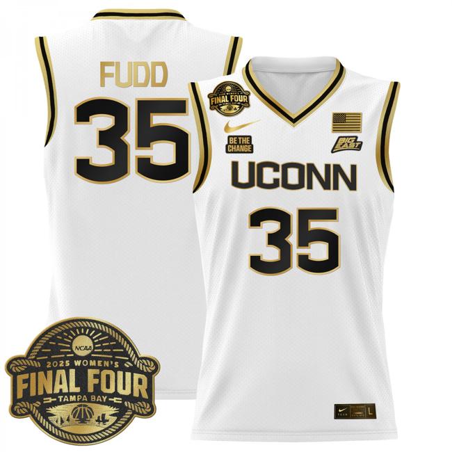 Women's Nike Azzi Fudd Jersey #35 UConn Huskies 2025 NCAA Women's Basketball Big East Final Four Patch White Gold