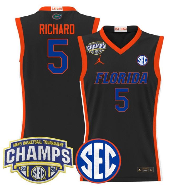 Men's Jordan Brand Will Richard #5 Florida Gators 2025 NCAA Men's Basketball Tournament Champions Patch Black Stitched Jersey