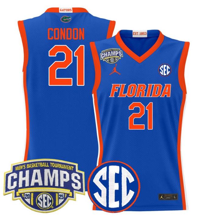 Men's Jordan Brand Alex Condon #21 Florida Gators 2025 NCAA Men's Basketball Tournament Champions Patch Royal Stitched Jersey
