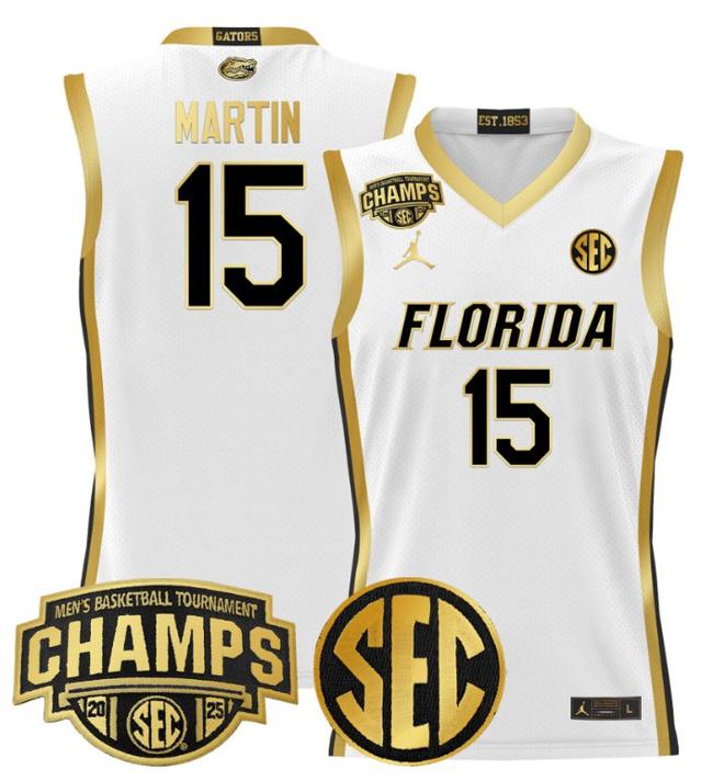 Men's Jordan Brand Alijah Martin #15 Florida Gators 2025 NCAA Men's Basketball Tournament Champions White Gold Stitched Jersey
