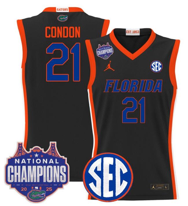 Men's Jordan Brand Alex Condon #21 Florida Gators 2025 NCAA Men's Basketball National Champions Patch Black Stitched Jersey