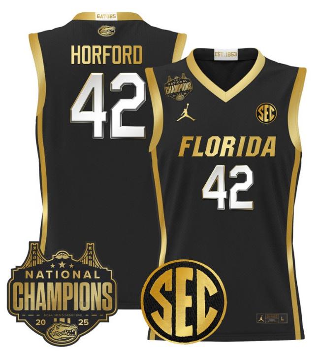 Men's Jordan Brand Al Horford #42 Florida Gators 2025 NCAA Men's Basketball National Champions Patch Black Gold Stitched Jersey