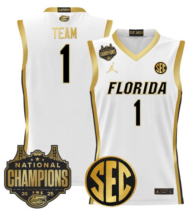 Men's Jordan Brand Team #1 Florida Gators 2025 NCAA Men's Basketball National Champions Patch Stitched White Gold Stitched Jersey