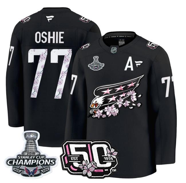 Men's T.J. Oshie #77 Washington Capitals 50th 2018 Stanley Cup Champions Patch Black Stitched NHL Jersey