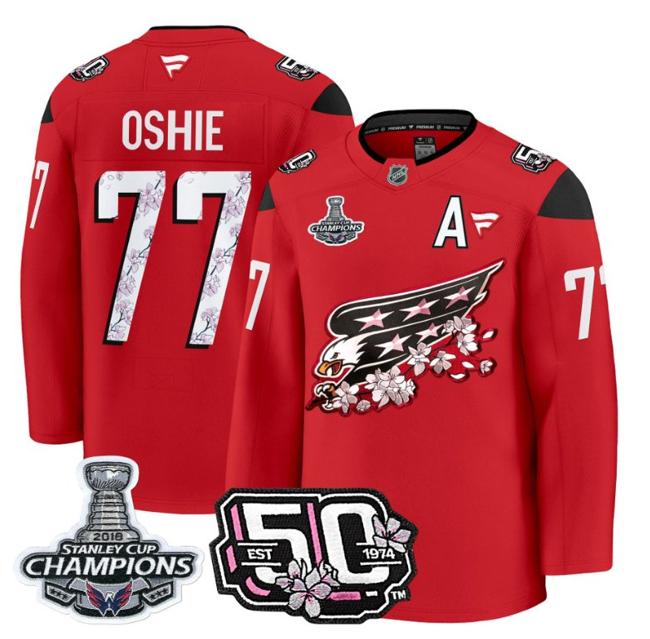 Men's T.J. Oshie #77 Washington Capitals 50th 2018 Stanley Cup Champions Patch Red Stitched NHL Jersey