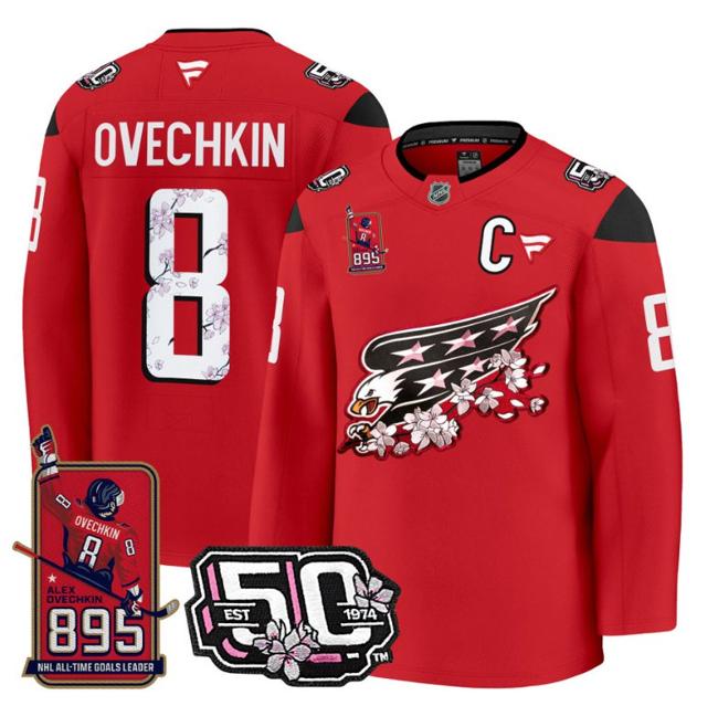 Men's Ovechkin #8 Washington Capitals All-Time Leading Goals Leader Patch Red Stitched NHL Jersey