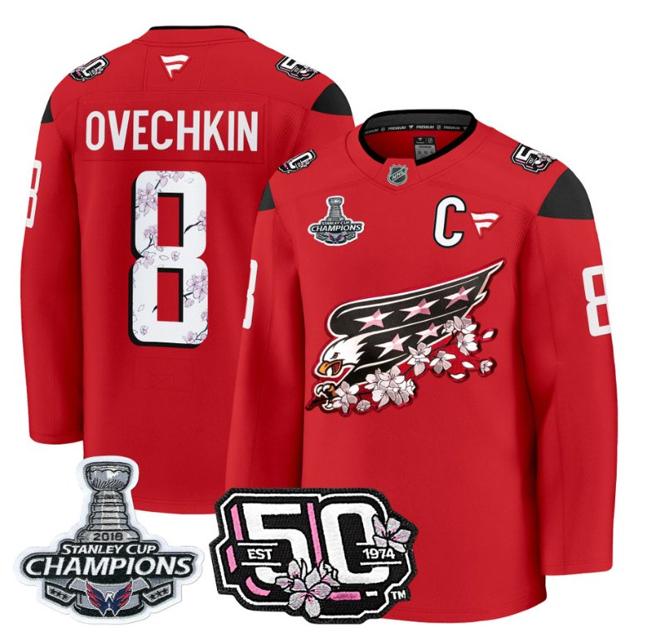 Men's Alex Ovechkin #8 Washington Capitals 50th 2018 Stanley Cup Champions Patch Red Stitched NHL Jersey