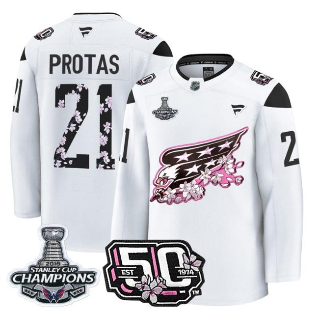 Men's Aliaksei Protas #21 Washington Capitals 50th 2018 Stanley Cup Champions Patch White Stitched NHL Jersey