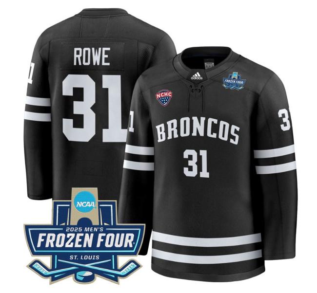 Men's adidas Cameron Rowe #31 Western Michigan Broncos 2025 NCAA Hockey Frozen Four Patch Stitched Black Jersey