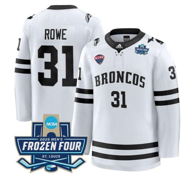 Men's adidas Cameron Rowe #31 Western Michigan Broncos 2025 NCAA Hockey Frozen Four Patch Stitched White Jersey