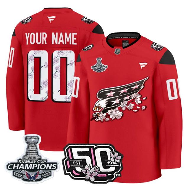 Custom Washington Capitals 50th Anniversary & 2018 Stanley Cup Champions Patch Red Stitched NHL Jersey