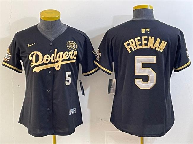 Women's Los Angeles Dodgers #5 Freddie Freeman Black Gold 2024 World Series With Fernando Patch Vapor Limited Stitched Baseball Jersey