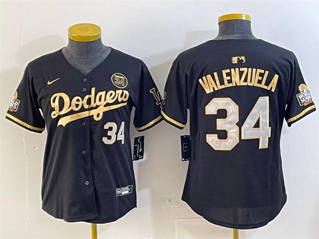 Women's Los Angeles Dodgers #34 Fernando Valenzuela Black Gold 2024 World Series With Fernando Patch Vapor Limited Stitched Baseball Jersey