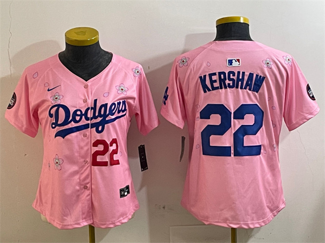 Women's Los Angeles Dodgers #22 Clayton Kershaw Pink 2025 Tokyo Series Limited Stitched Baseball Jersey