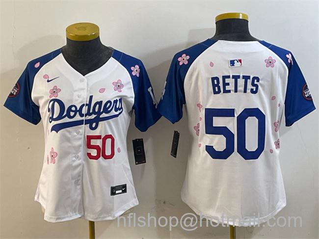 Women's Los Angeles Dodgers #50 Mookie Betts White Royal 2025 Tokyo Series Limited Stitched Baseball Jersey