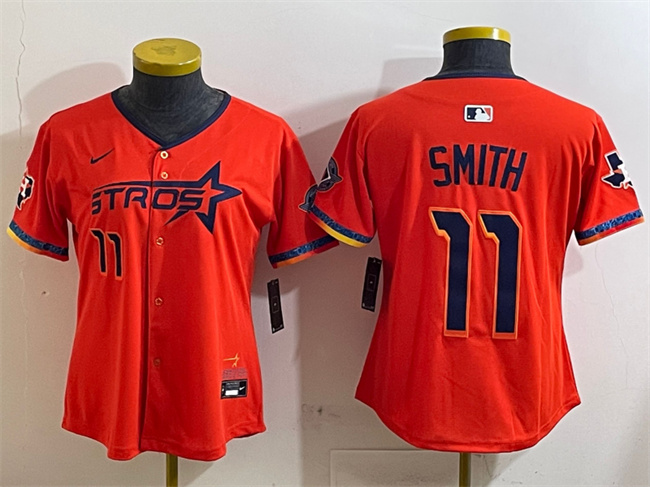 Women's Houston Astros #11 Cam Smith Orange 2025 City Connect With Texas Patch Limited Stitched Baseball Jersey