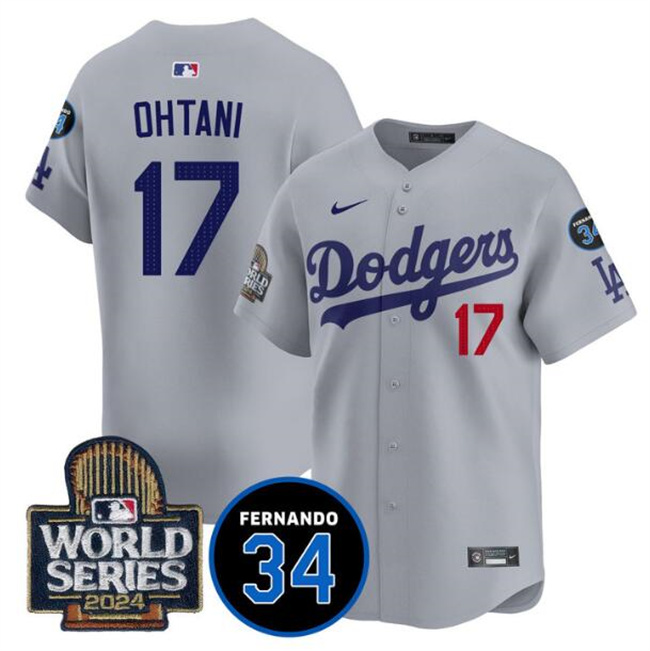 Women's Los Angeles Dodgers #17 Shohei Ohtani Grey 2024 World Series With Fernando Memorial Patch Limited Stitched Baseball Jersey