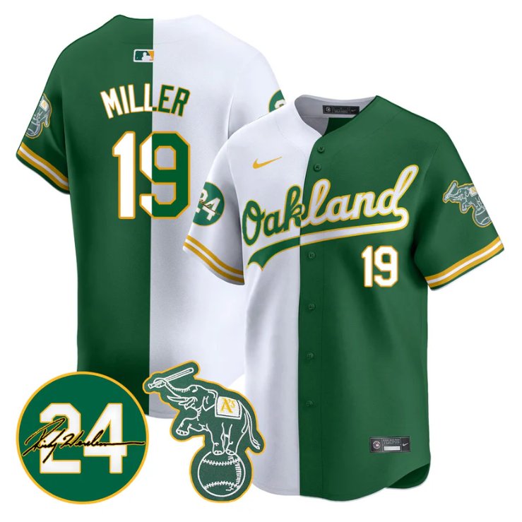 Men's Mason Miller Jersey #19 Oakland Athletics 2025 Rickey Henderson Memorial Stitched Split