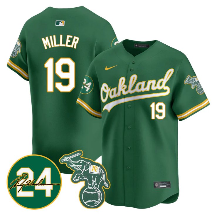 Men's Mason Miller Jersey #19 Oakland Athletics 2025 Rickey Henderson Memorial Stitched Green