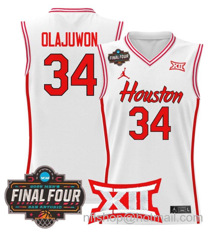 Men's Hakeem Olajuwon Jersey #34 Houston Cougars 2025 Final Four Patch Stitched White