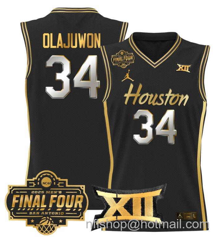 Men's Hakeem Olajuwon Jersey #34 Houston Cougars 2025 Final Four Patch Black Gold