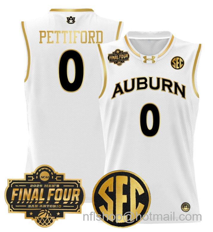 Men's Tahaad Pettiford Jersey #0 Auburn Tigers 2025 Final Four Patch White Gold