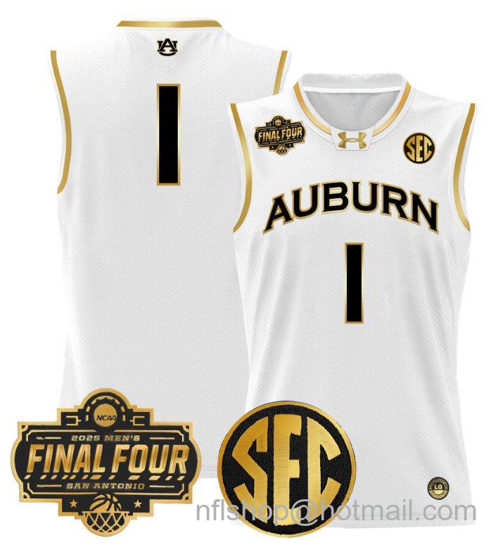 Men's Team Jersey #1 Auburn Tigers 2025 Final Four Patch Stitched White Gold