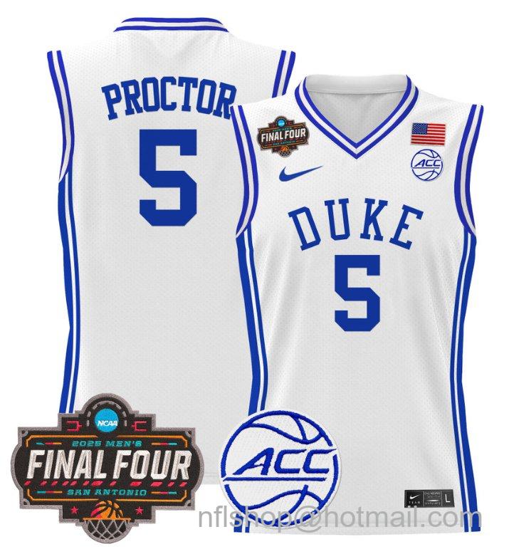 Men's Tyrese Proctor Jersey #5 Duke Blue Devils 2025 Final Four Patch Stitched White