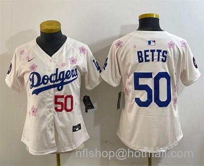 Women's Los Angeles Dodgers #50 Mookie Betts Cream 2025 Tokyo Series Limited Stitched Baseball Jersey