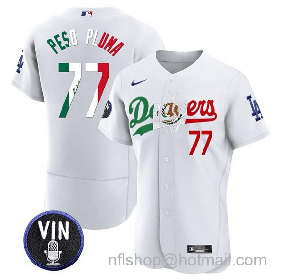 Men's Los Angeles Dodgers #77 Pezo Pluma White Mexico Special Vin Scully Patch Flex Base Stitched Baseball Jersey