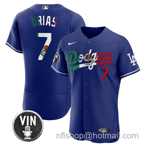 Men's Los Angeles Dodgers #7 Julio Urias Royal Mexico Special Vin Scully Patch Flex Base Stitched Baseball Jersey