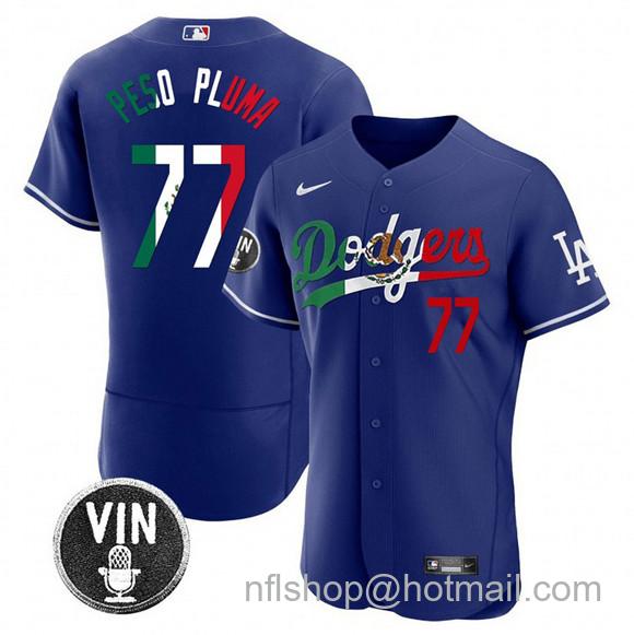 Men's Los Angeles Dodgers #77 Pezo Pluma Royal Mexico Special Vin Scully Patch Flex Base Stitched Baseball Jersey
