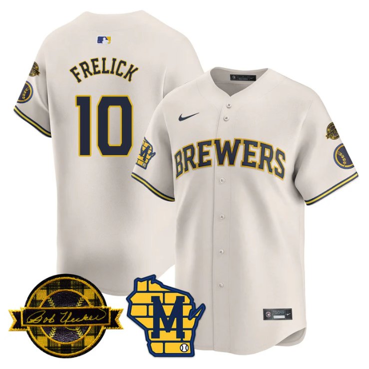 Men's Sal Frelick Jersey #10 Milwaukee Brewers 2025 Limited Bob Uecker Patch Stitched Cream