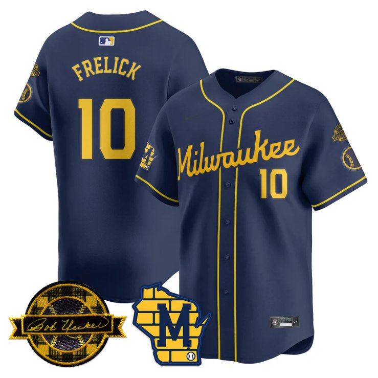 Men's Sal Frelick Jersey #10 Milwaukee Brewers 2025 Limited Bob Uecker Patch Stitched Navy